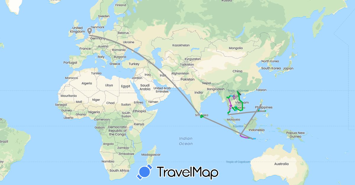 TravelMap itinerary: driving, bus, plane, train, boat, motorbike in Indonesia, Cambodia, Laos, Sri Lanka, Netherlands, Philippines, Thailand, Vietnam (Asia, Europe)